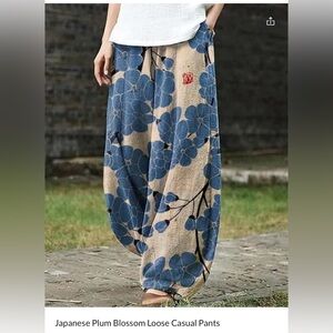 Japanese Plum Blossom Loose Casual Pants / Blue-4XL